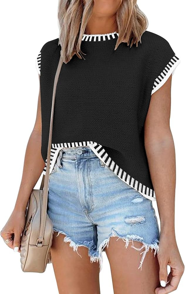 Cap Sleeve Knit Sweater Tops Sleeveless Vest Summer Tops 2024 Clothes Oversized Tank Tops Trendy ... | Amazon (US)