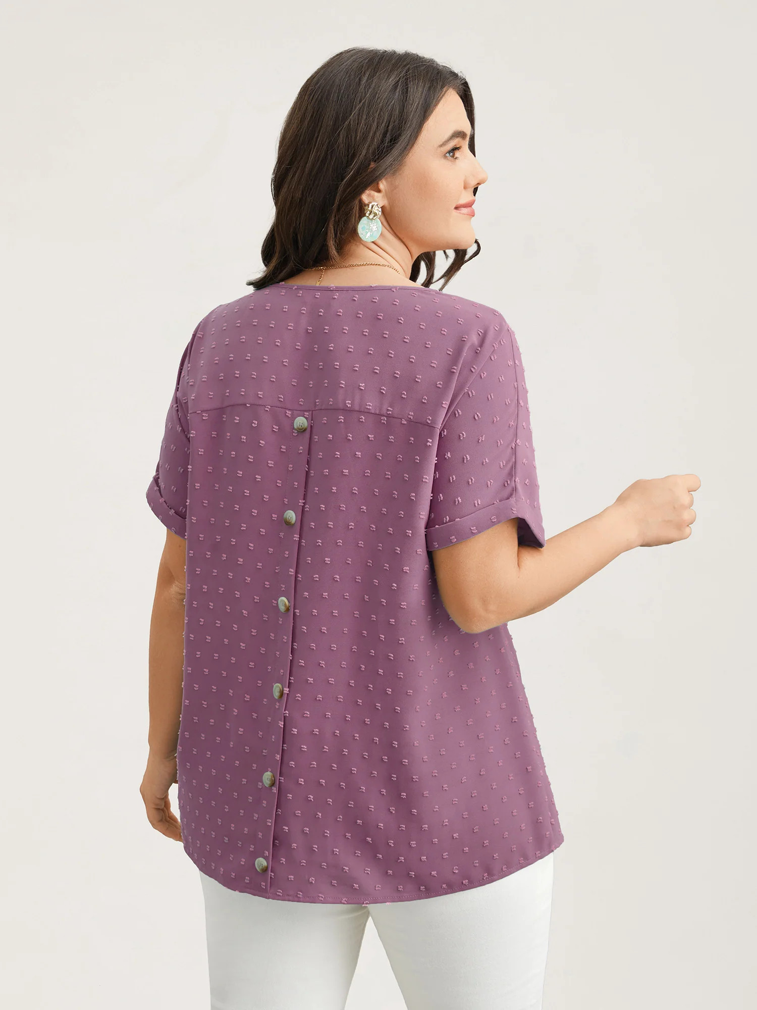 Back-Button Textured V-Neck Shirt | Bloomchic
