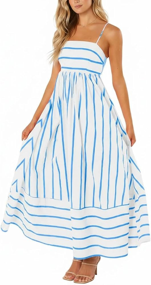 chouyatou Women's Striped Back Smocked Maxi Dress Sexy Spaghetti Strap Cut Out Flowy Swing Long D... | Amazon (US)