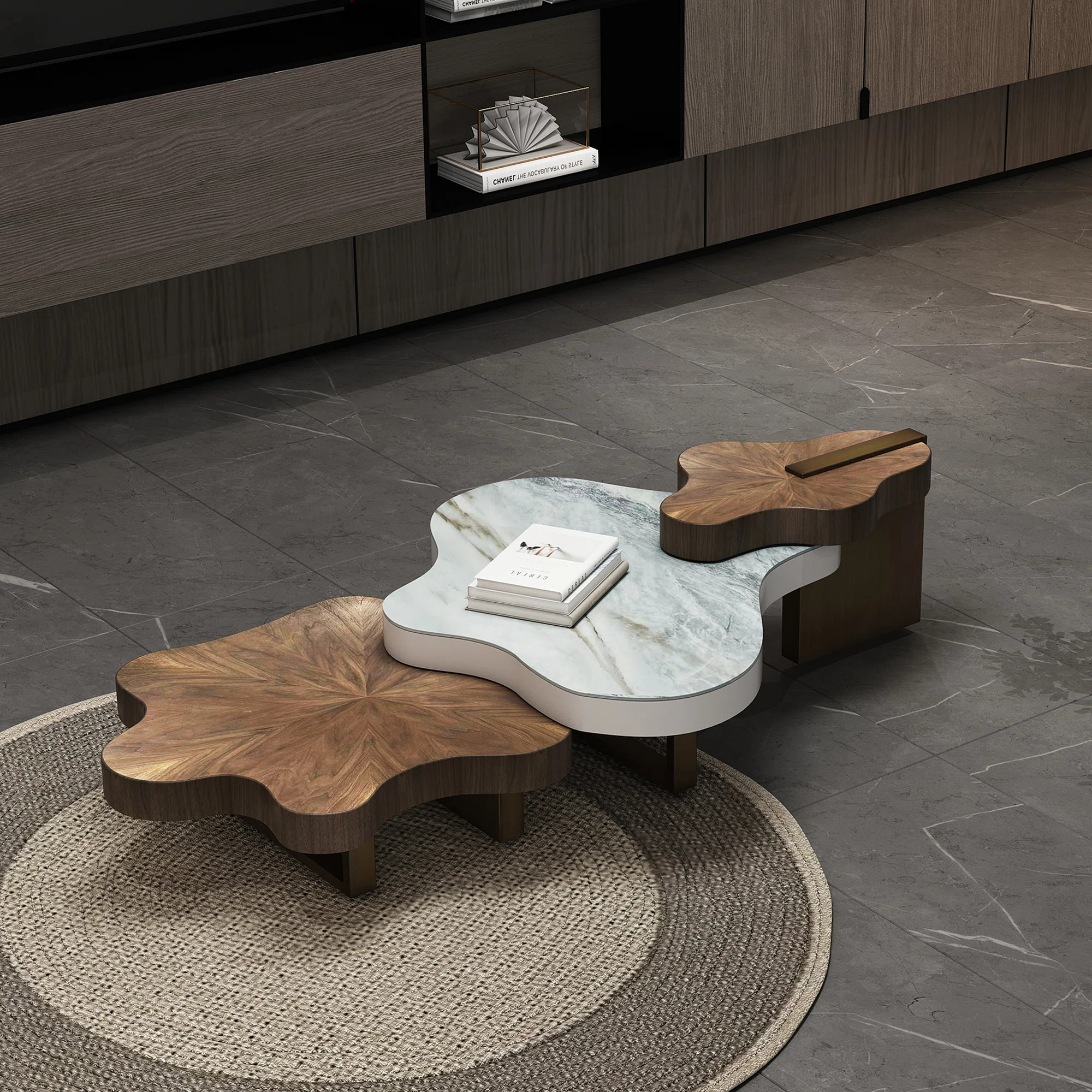 Luxury Cloud-Shaped Nesting Coffee Table Set - Stone & Walnut Tops with Bronze Metal Legs | Wayfair North America