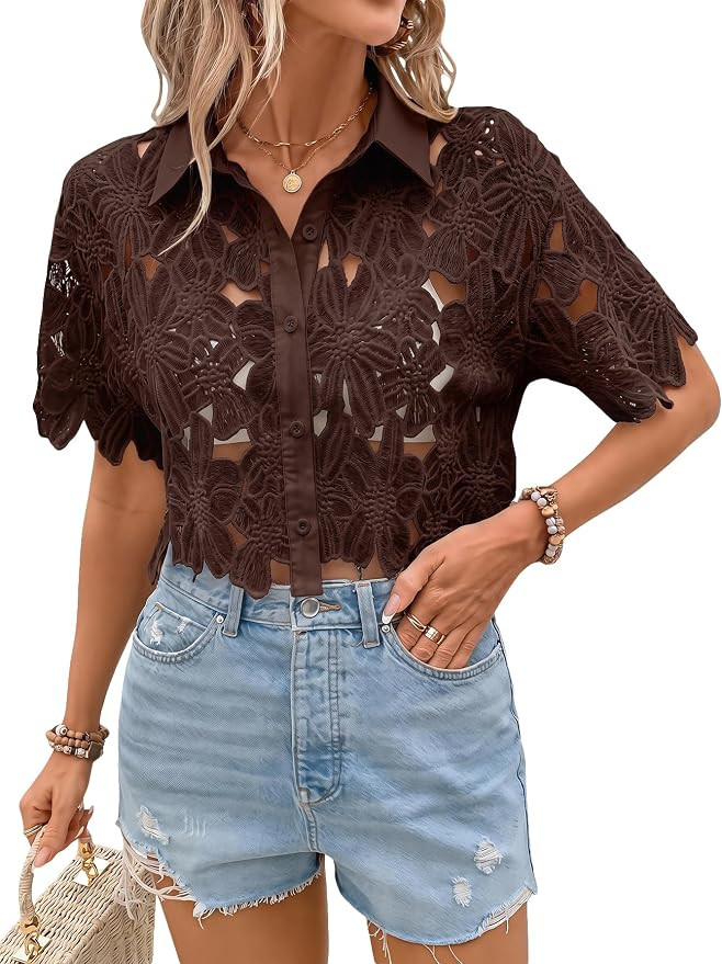 SOLY HUX Women's Lace Blouses Crop Tops Short Sleeve Sheer Button Up Shirts | Amazon (US)