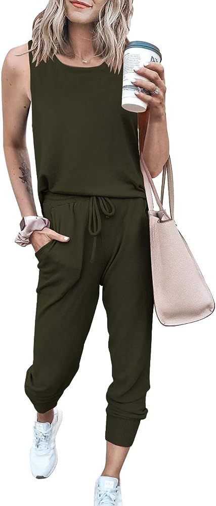 Women’s Two Piece Outfit Sleeveless Crewneck Tops With Sweatpants Active Tracksuit Lounge Wear ... | Amazon (US)