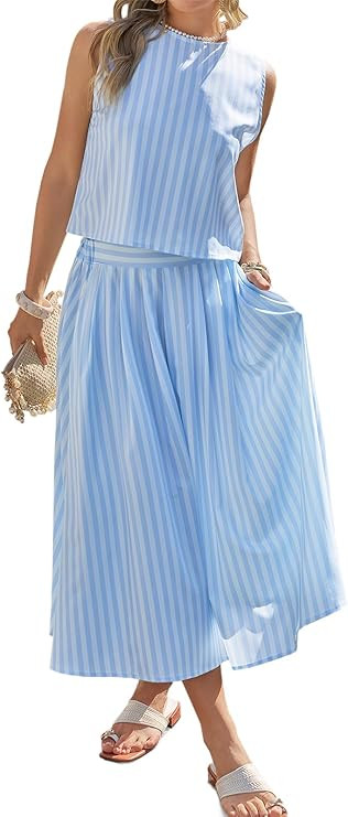 Tankaneo Womens 2 Piece Skirt Sets Summer Striped Sleeveless Tank Tops Midi Dress Travel Vacation... | Amazon (US)