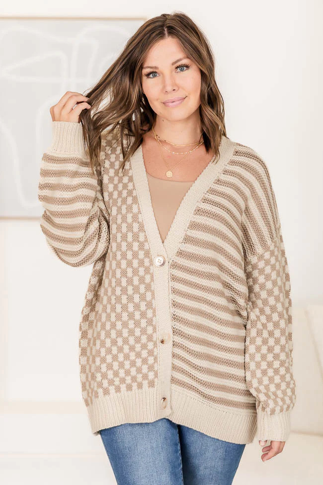 Time To Waste Beige Checkered and Striped Cardigan, Medium - Pink Lily | Pink Lily