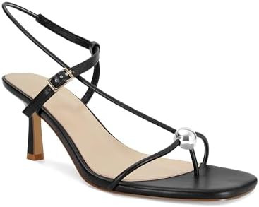 Black Strappy Heels for Women Open Square Toe Slingback Kitten Heeled Sandals Dressy Beach Thong ... | Amazon (US)