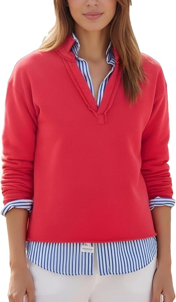 Zontroldy Women's Casual V Neck Pullover Sweatshirt Long Sleeve Solid Color/Stripe Polo Collared ... | Amazon (US)