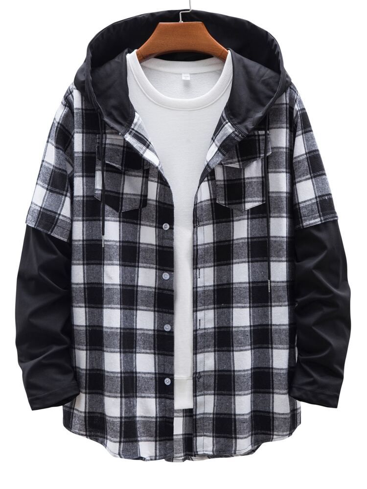 Men Plaid Button Front Hooded Coat Without Tee | SHEIN