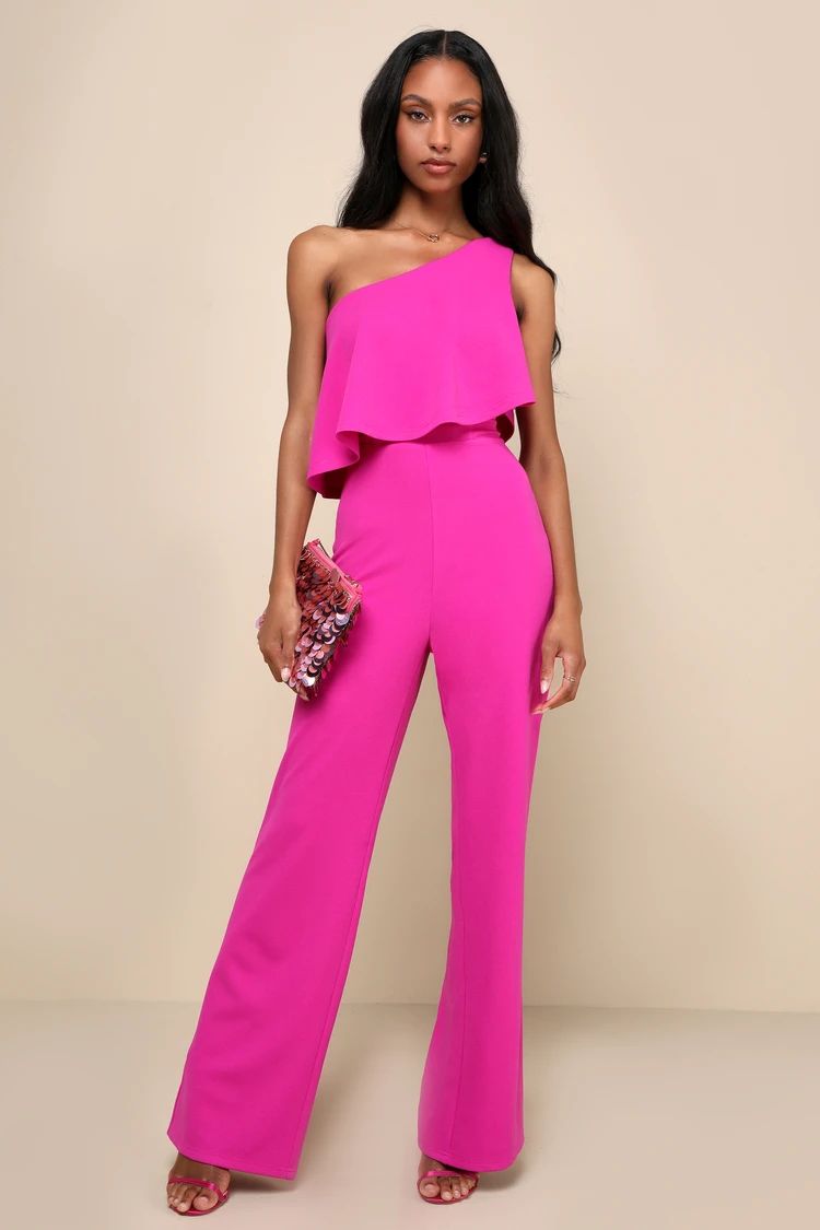 Flawless Vibes Magenta One-Shoulder Tiered Wide-Leg Jumpsuit | Lulus