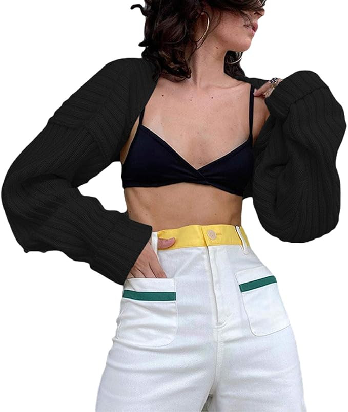 Women Y2K Crochet Shrug Sweater Knitted Long Sleeve Solid Color Open Front Cropped Cardigan Crop ... | Amazon (US)