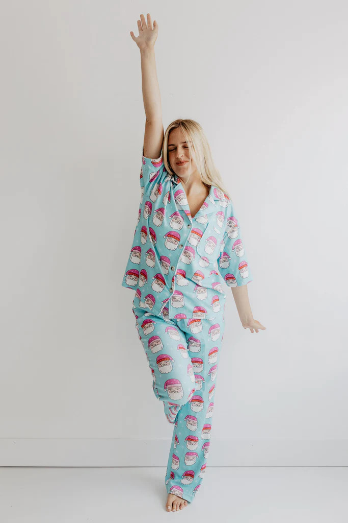 Pink Santa Hats Blue Matching Loungewear Set | Katydid.com