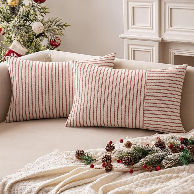 MIULEE Red and Beige Patchwork Farmhouse Christmas Pillow Covers 12x20 Inch, Pack of 2 Striped Li... | Amazon (US)