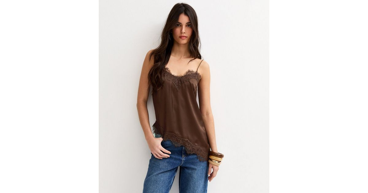 Dark Brown Satin Asymmetric Lace Hem Cami Top | New Look | New Look (UK)