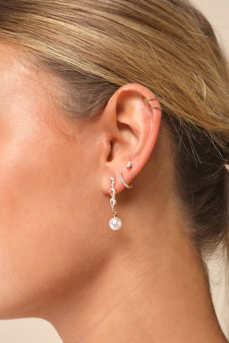 Dreamy Dazzle Gold Rhinestone Pearl Drop Earrings | Lulus