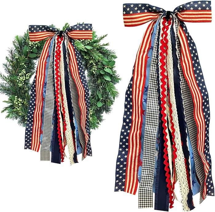 Large Patriotic Star Ribbons Bow for Wreath, Red White Buffalo Plaid Fabric Ribbons Set Assorted ... | Amazon (US)