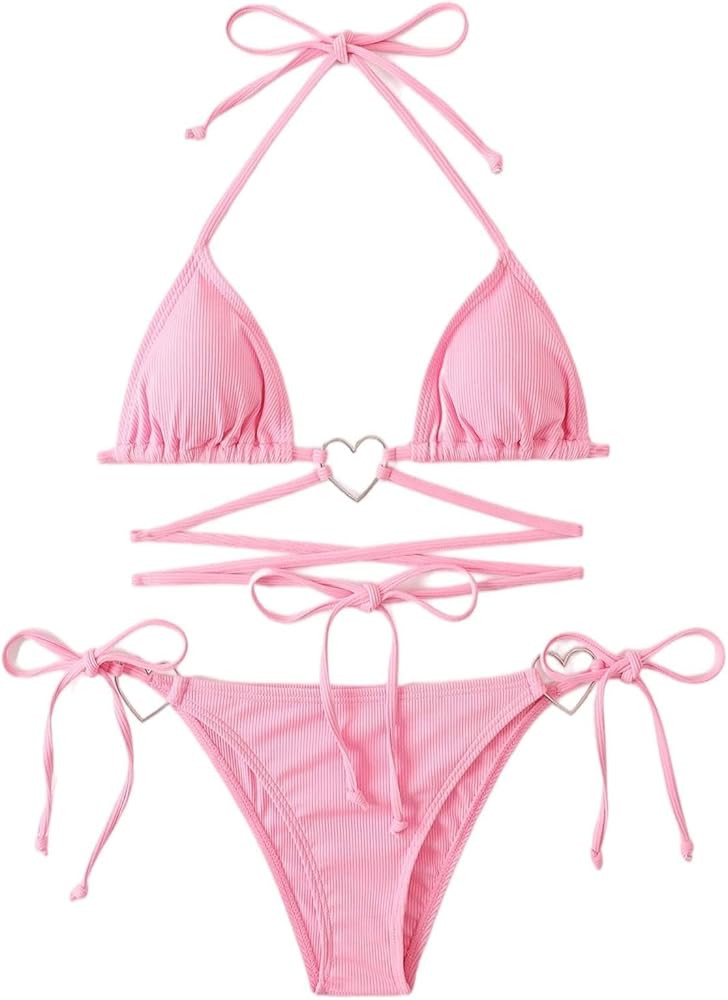 Milumia Women Two Piece Heart Ring Linked Bikini Set Lace Up Tie Halter Swimsuit | Amazon (US)