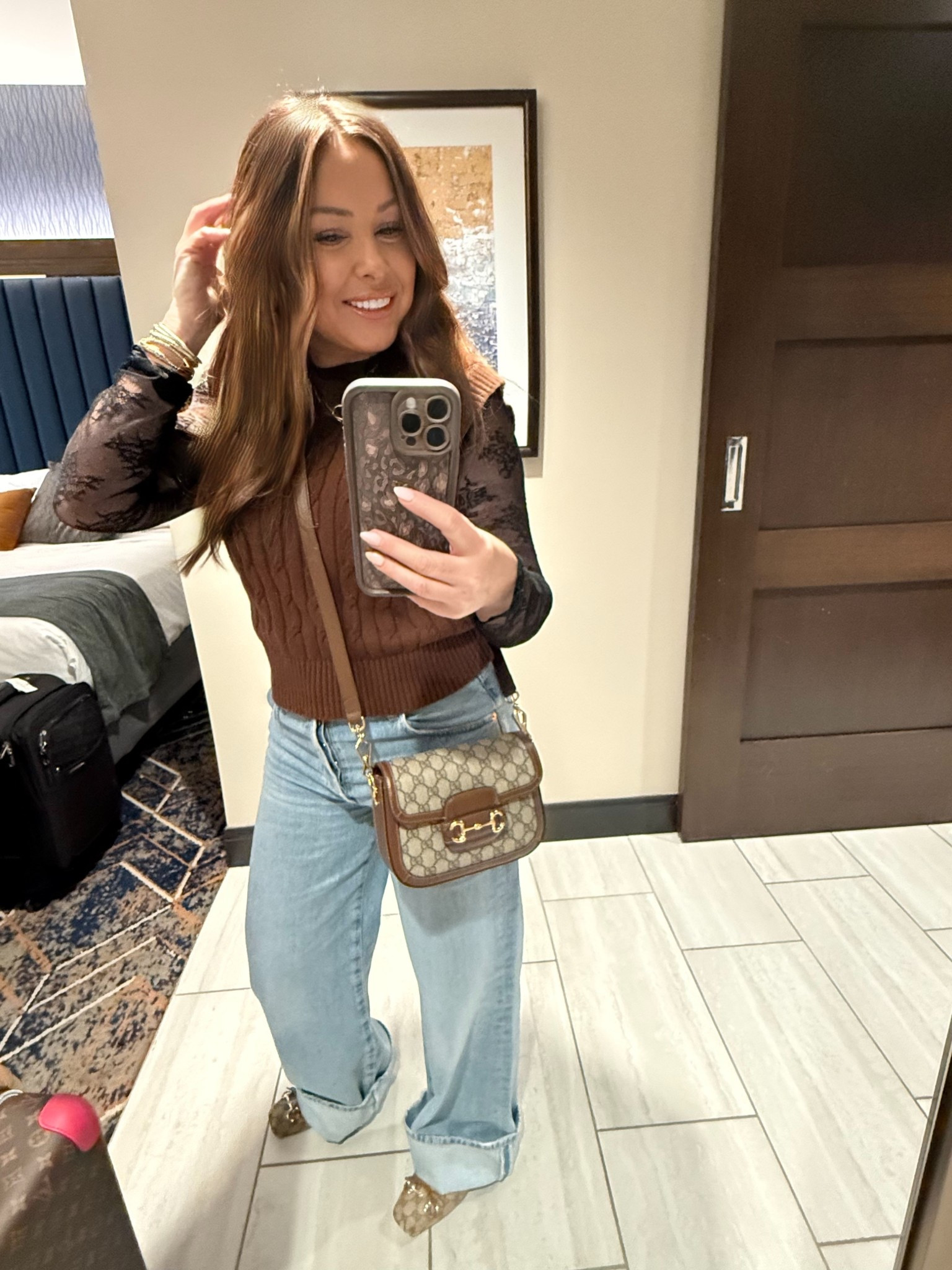 Choctaw outfit. Love my Gucci horsebit shoes and purse. 
Brown/tan/blackk