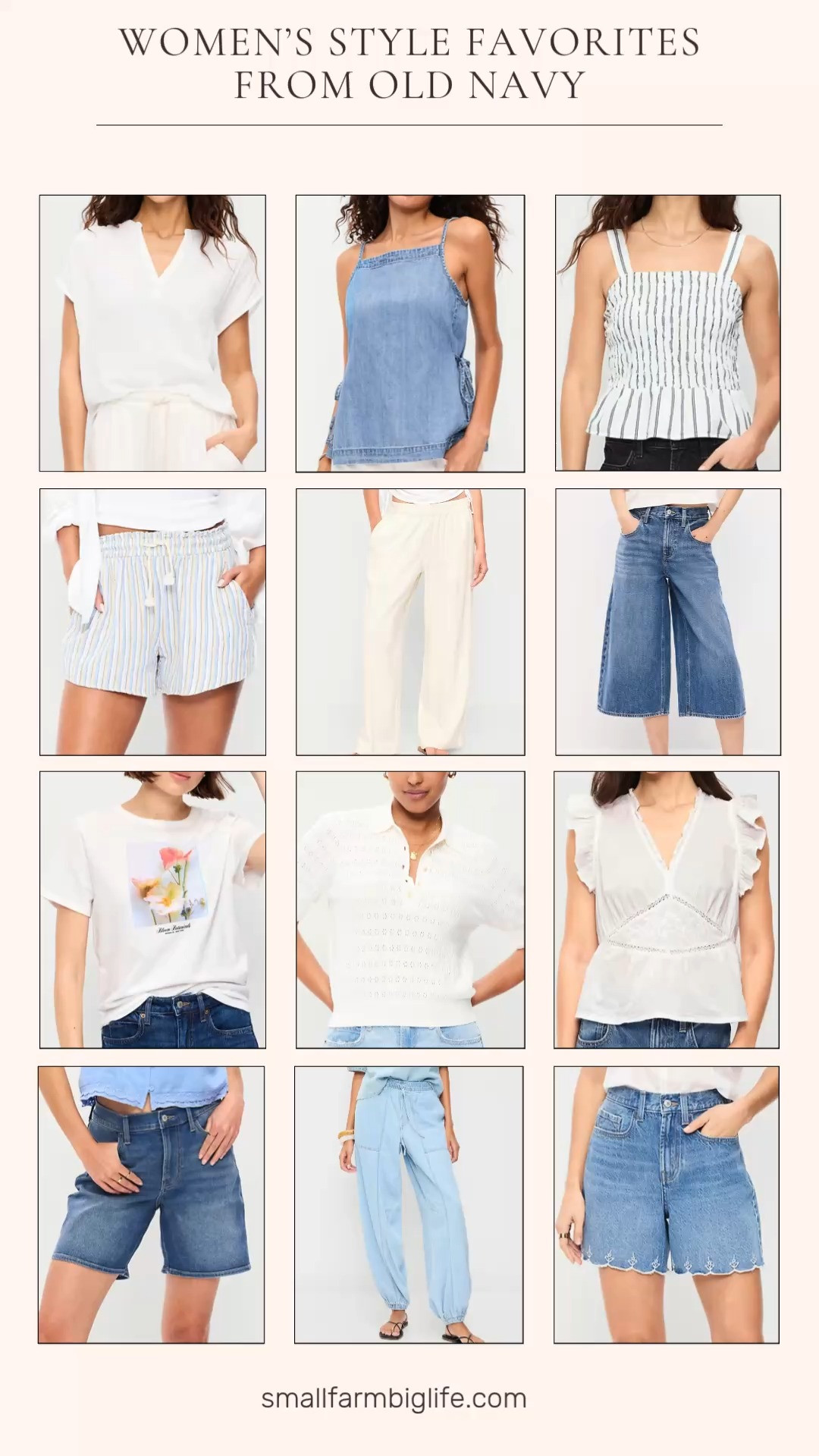 Old Navy is serving up so many great spring and summer styles right now and the prices are amazing! From crinkle gauze shorts and tops to linen blend wide leg pants, baggy wide leg jeans, embroidered tops, denim tank tops, and the cutest smocked peplum tank, these are the effortless and versatile pieces that will carry you through the whole warm weather season. All the breezy whites, blues, and neutrals that mix and match so beautifully together. Linking everything below! 

 #LTKSeasonal #LTKOver40 #LTKTravel