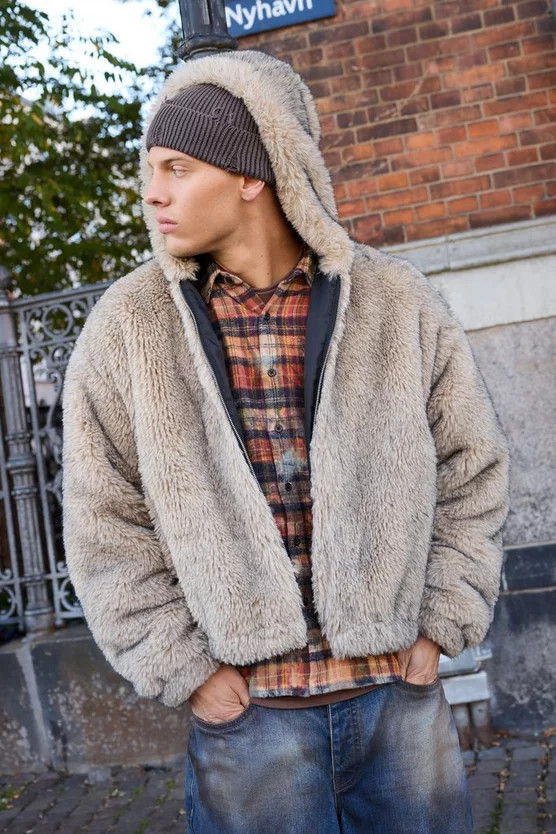 Oversized Hooded Faux Fur Zip Through Jacket In Stone | boohooMAN (DE, IE & UK)