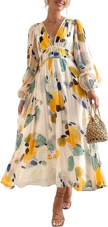 Sissyaki Women's Boho Floral Midi Dress Smocked Beach Flowy Dress | Amazon (US)