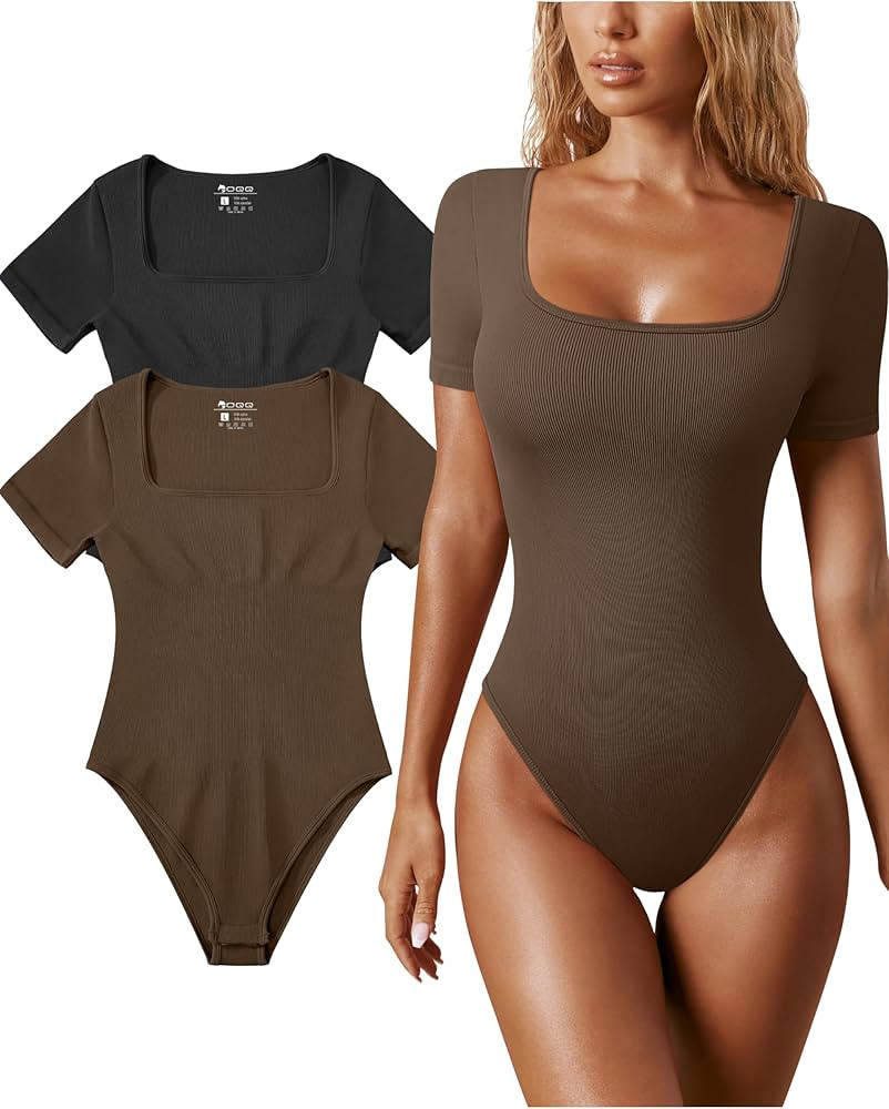 OQQ Women's 2 Piece Bodysuits Sexy Ribbed One Piece Square Neck Short Sleeve Bodysuits | Amazon (US)