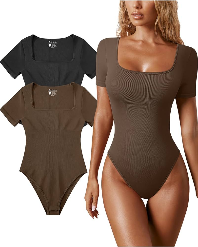 OQQ Women's 2 Piece Bodysuits Sexy Ribbed One Piece Square Neck Short Sleeve Bodysuits | Amazon (US)