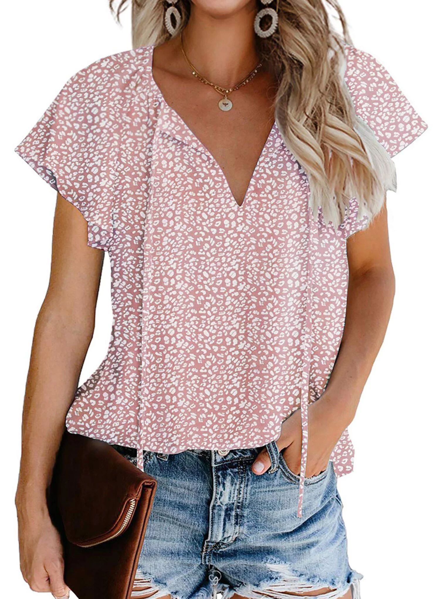 Fantaslook Blouses for Women Floral Print V Neck Ruffle Short Sleeve Shirts Casual Summer Tops | Walmart (US)