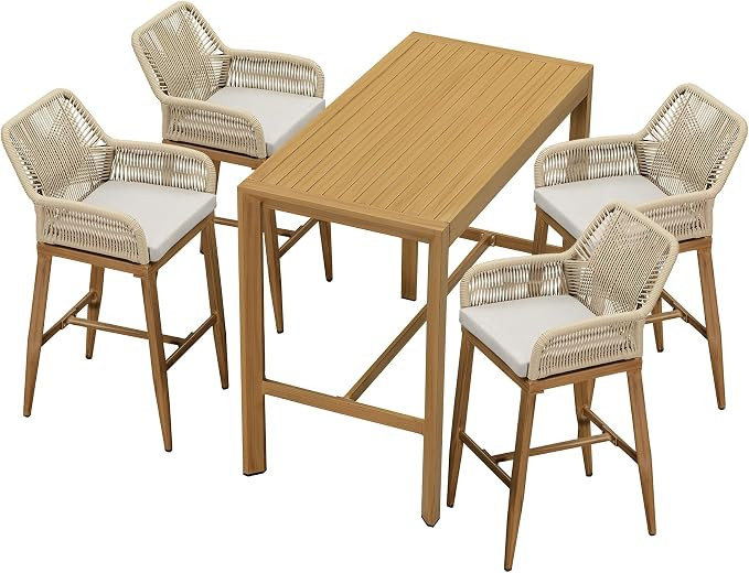 PURPLE LEAF 5 Pieces Outdoor 29" Bar Stools and Table Set, Boho Rope Bar Stool with Back Bar Heig... | Amazon (US)