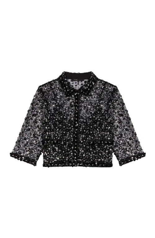 maje Floral rhinestone polo in Black at Nordstrom, Size Medium | Nordstrom