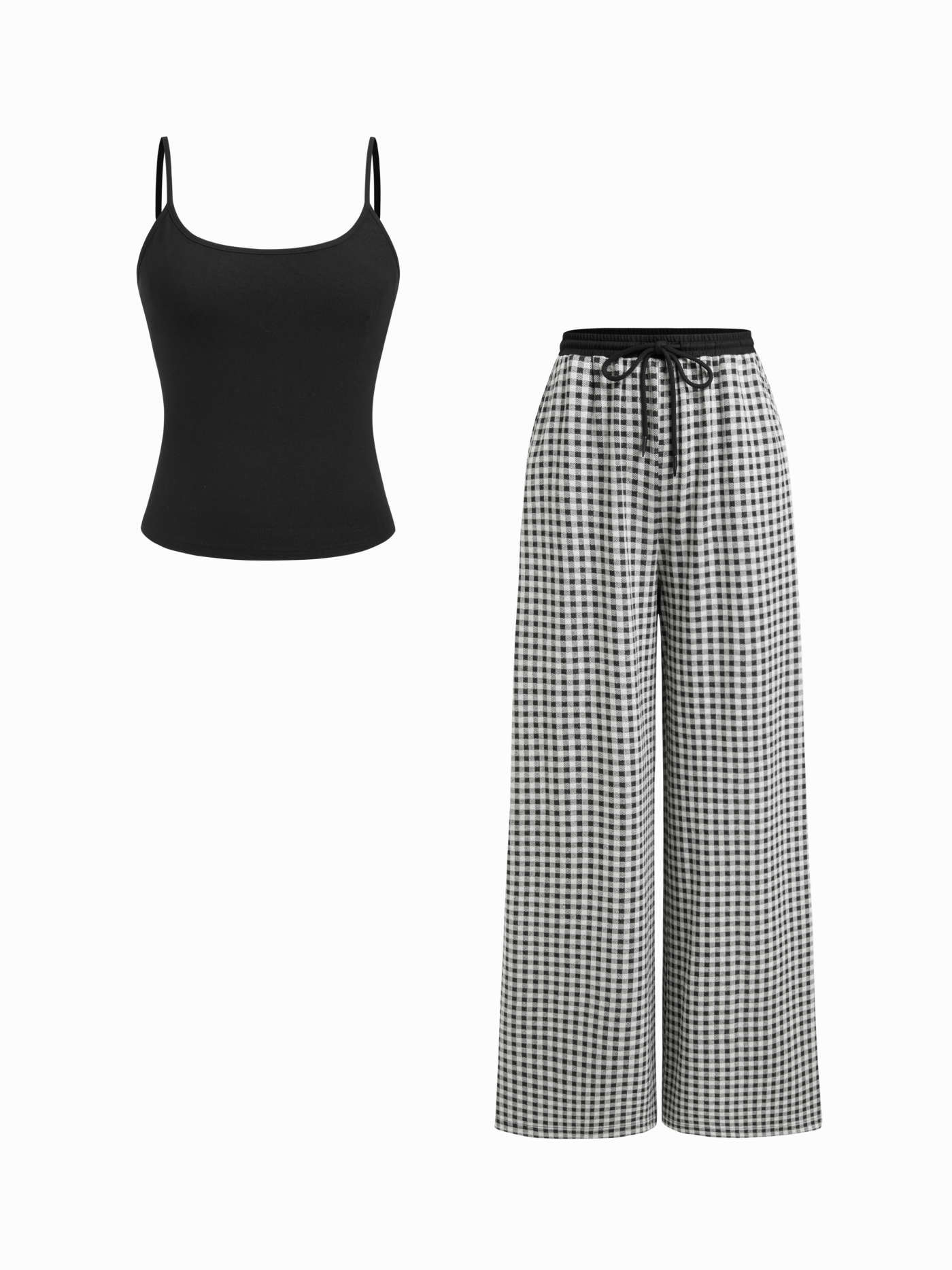 Square Neck Sleeveless Top & Mid Rise Gingham Wide Leg Trousers Set | Cider