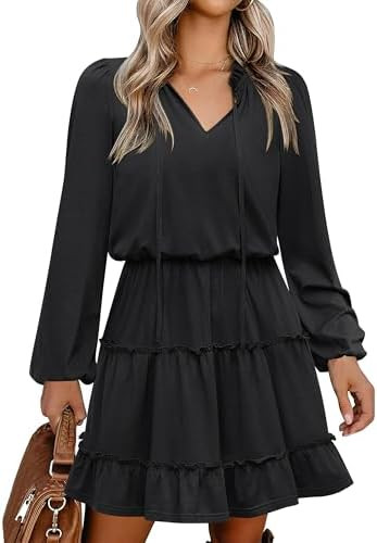 Caracilia Long Sleeve Dress for Women Fall 2025 Casual V Neck High Waist Tiered Ruffle Aline Swin... | Amazon (US)