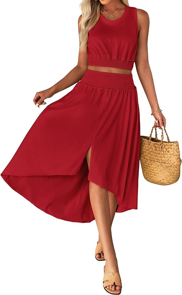 luvamia Two Piece Skirt Sets for Women Smocked Crop Top High Waisted High Low Split Maxi Skirt Co... | Amazon (US)