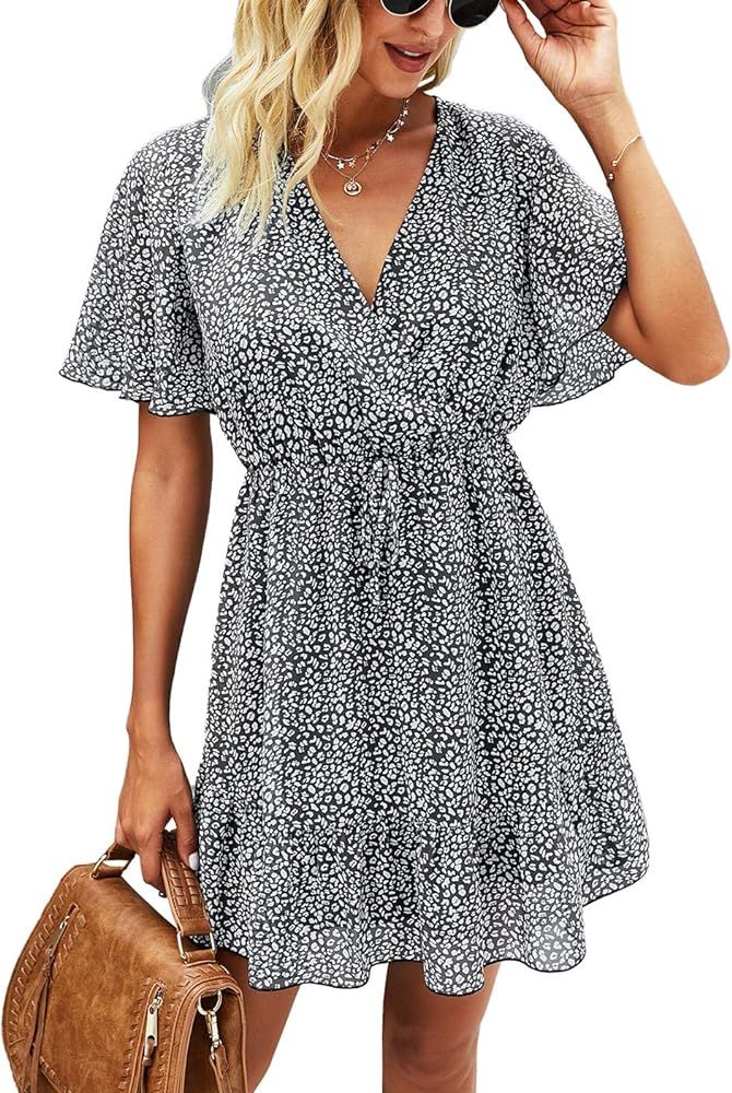 KIRUNDO Women’s Summer Dress Short Sleeve Ruffle Leopard Print Sexy V Neck High Waist Short Flo... | Amazon (US)