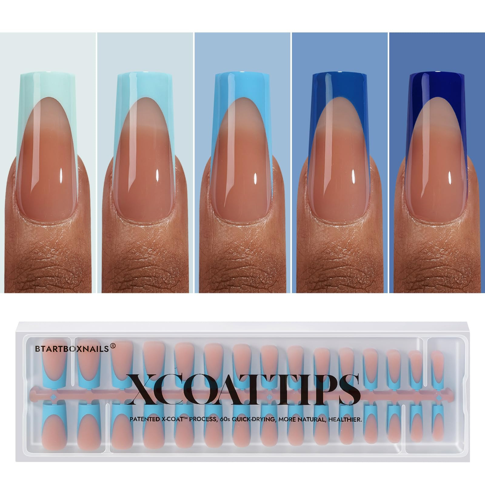 BTArtboxnails XCOATTIPS French Tip Press On Nails - Blue Press On Nails Long, Square Fake Nail Ti... | Amazon (US)