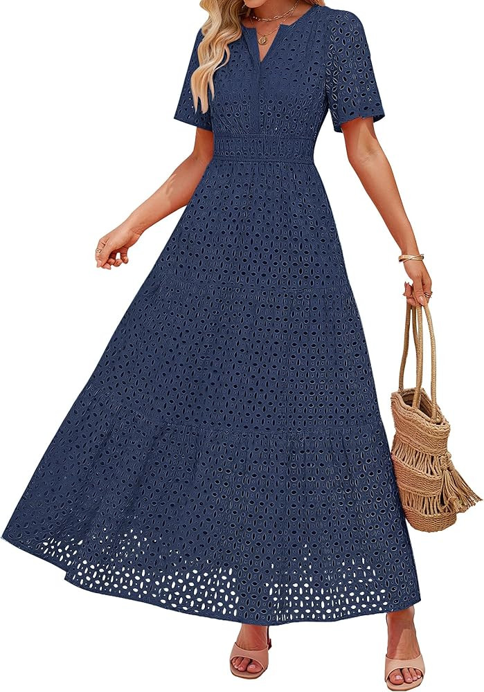 ZESICA Women's 2026 Summer Short Sleeve Maxi Dress Casual V Neck Hollow Out Eyelet Ruffle Swing A... | Amazon (US)