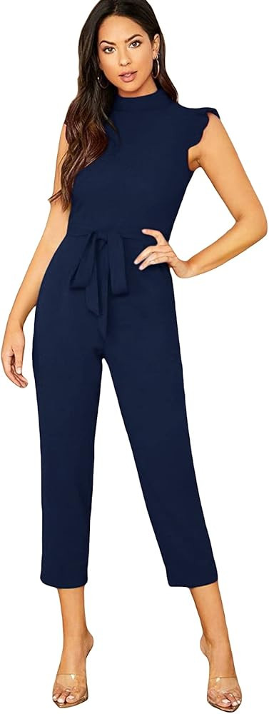 WDIRARA Women's Sleeveless Mock Neck Ruffle Trim Belted Cropped Jumpsuit Romper | Amazon (US)