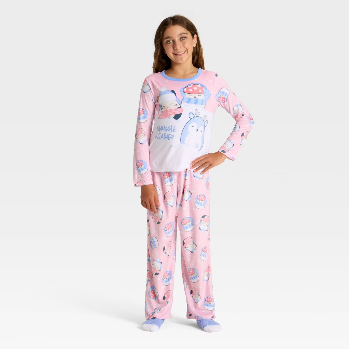 Girls' 2pc Squishmallow Holiday Cozy Pajama Set with Socks - Blush | Target