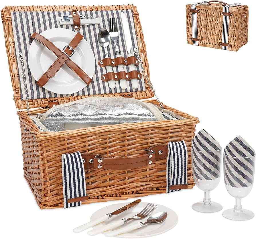 Wicker Picnic Basket Set for 2 Persons,Handmade Willow Picnic Basket with Insulated Cooler & Cutl... | Amazon (US)