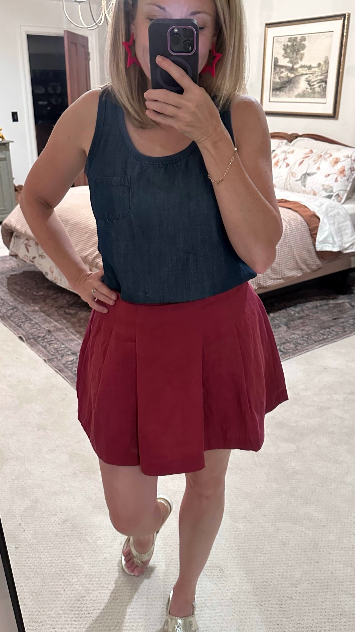 Target skirt, skort, denim tank top, star earrings, 4th of July 

#LTKSeasonal #LTKFindsUnder50 #LTKStyleTip