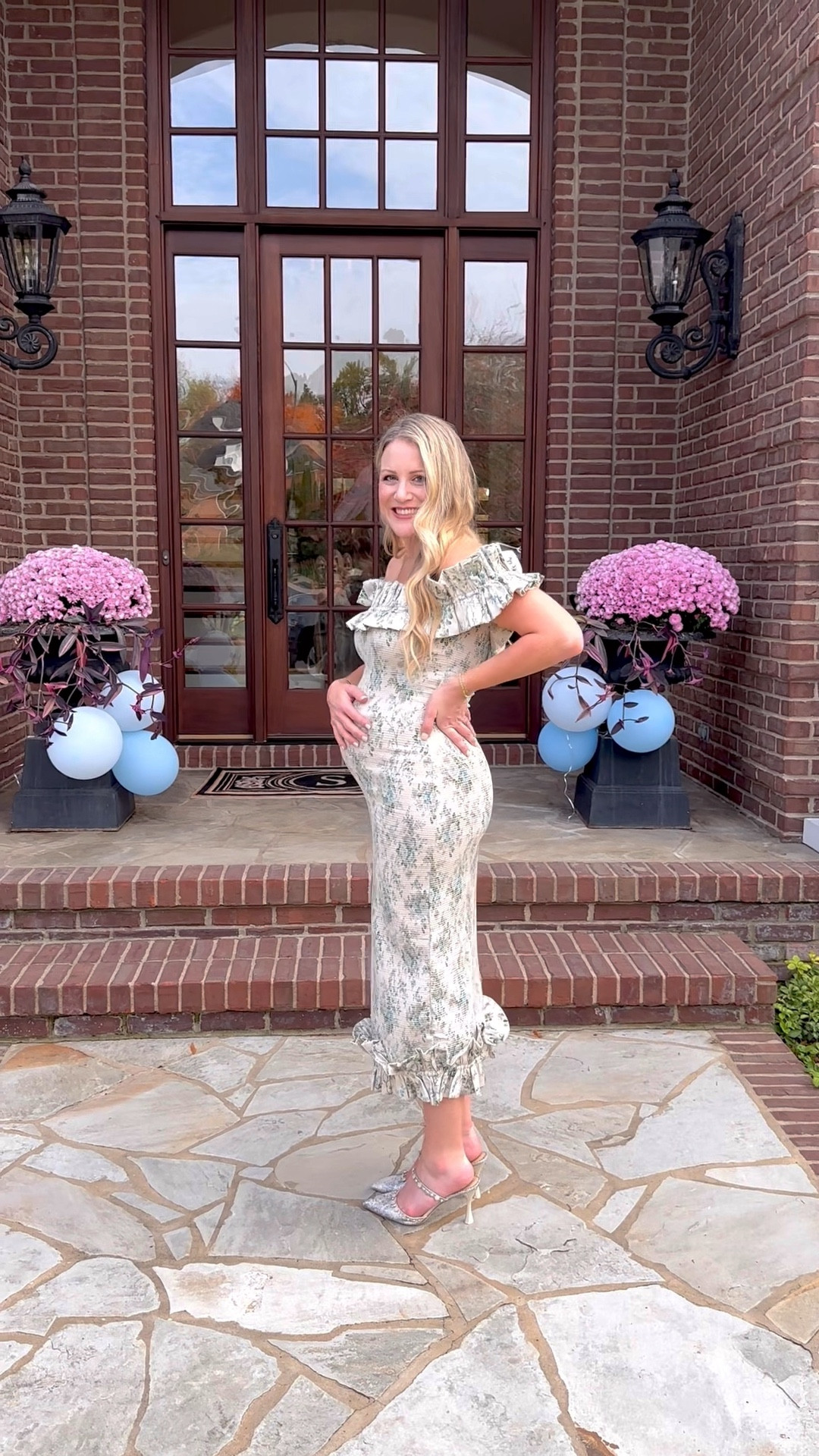 Baby Shower Chic | THE most flattering dress for a mom to me! The fabric is thick and hugs in all the right places to show off the bump. A beautiful ivory and blue perfect for a boy or girl baby shower. 

#LTKBump #LTKBaby