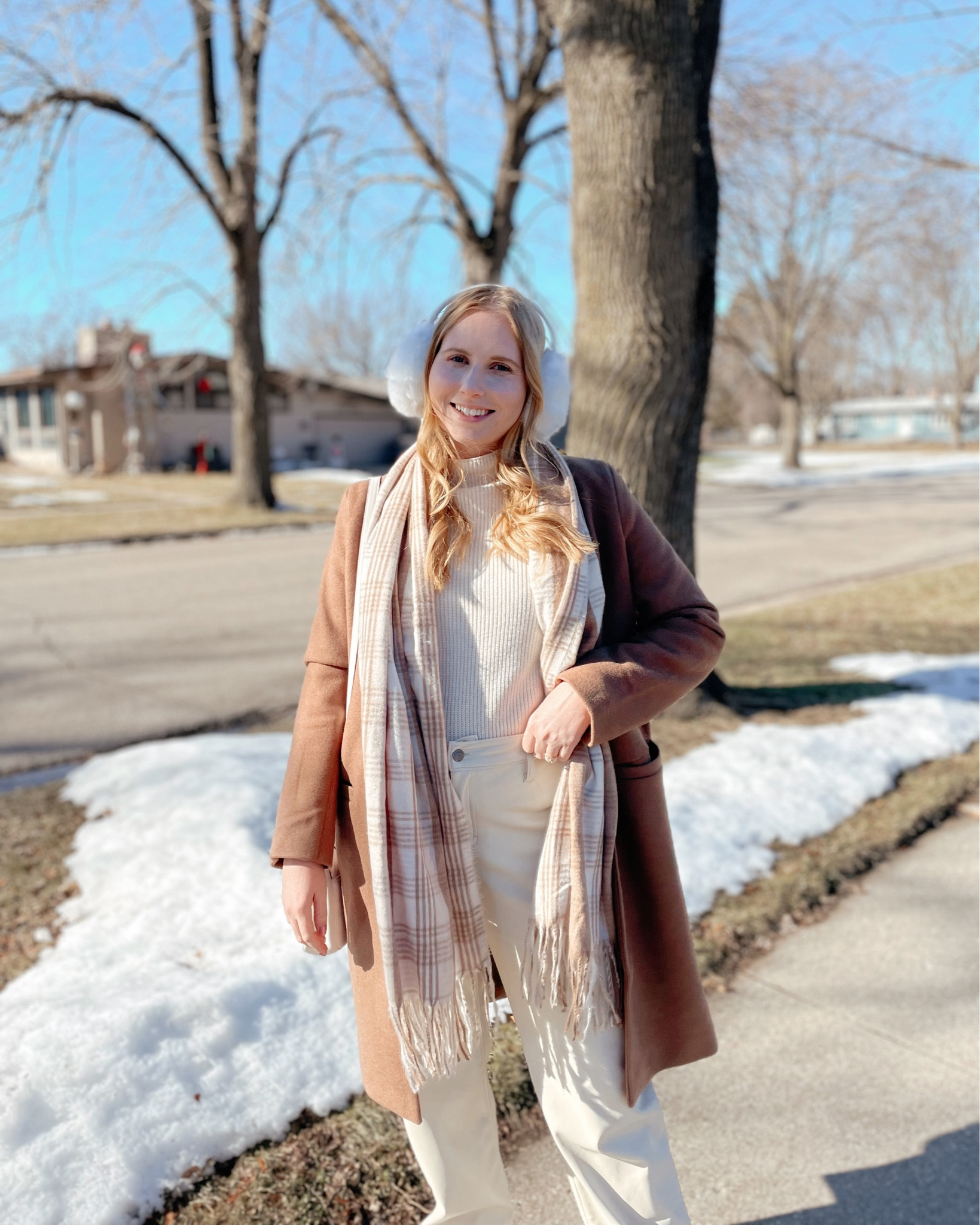 Winter outfit, brown tan coat, winter coat, coats for women - coat fits TTS, size M - dark brown wool blend coat from Amazon - Sherpa mittens, plaid scarf, white sweater #winter #winteroutfit

#LTKSeasonal #LTKFind #LTKunder50