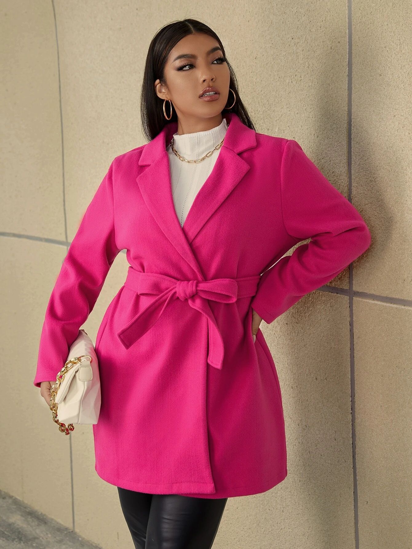 Plus Solid Lapel Neck Belted Overcoat | SHEIN