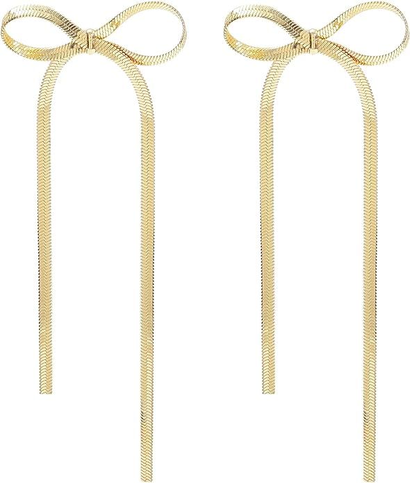14K Gold Plated Bow Earrings for Women Long Tassel Chain Earrings Wedding Statement Jewelry Ribbo... | Amazon (US)