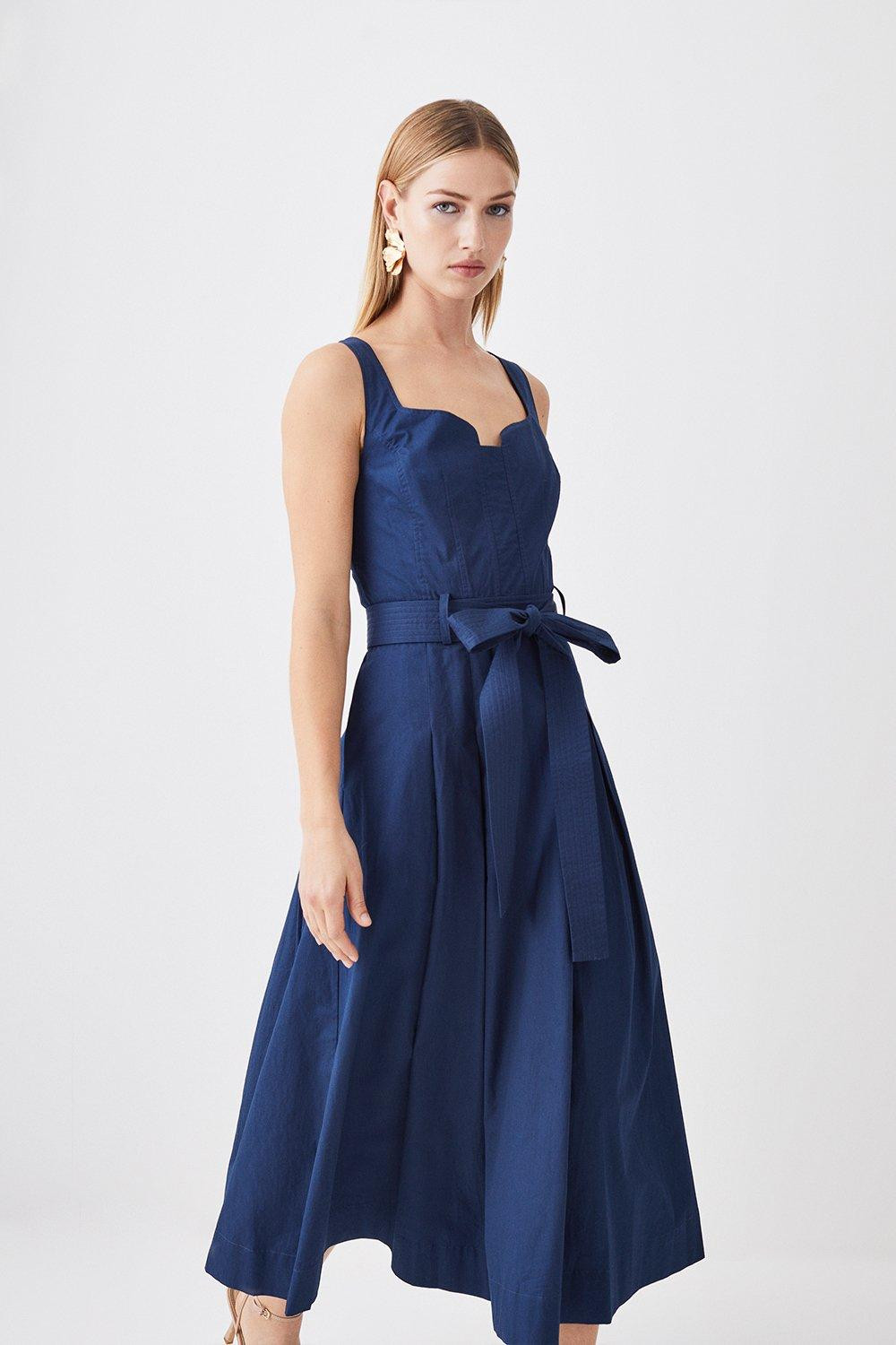 Cotton Sateen Strappy Belted Full Midi Dress | Karen Millen US
