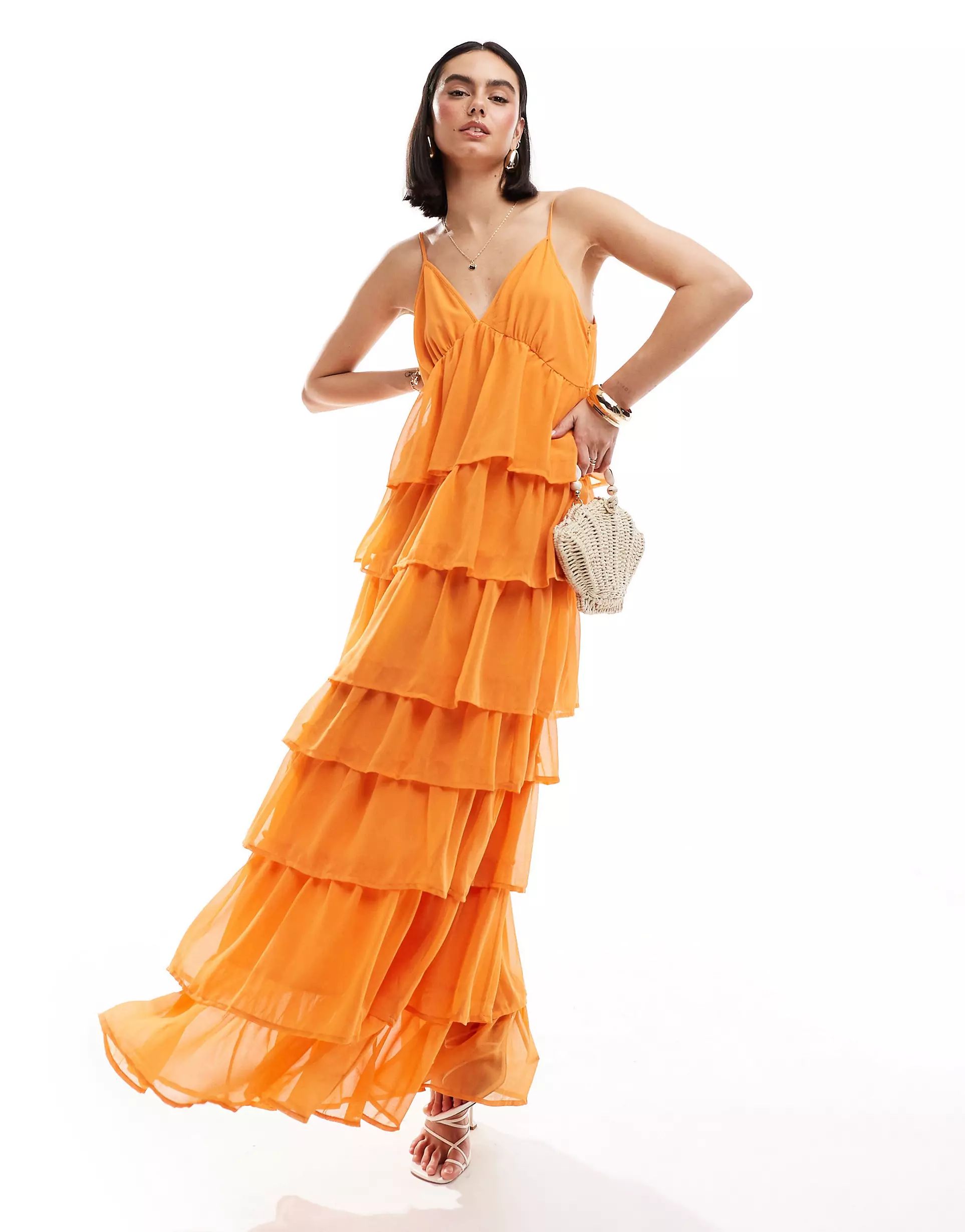 Vila tiered frill maxi cami dress in sunset orange | ASOS | ASOS (Global)