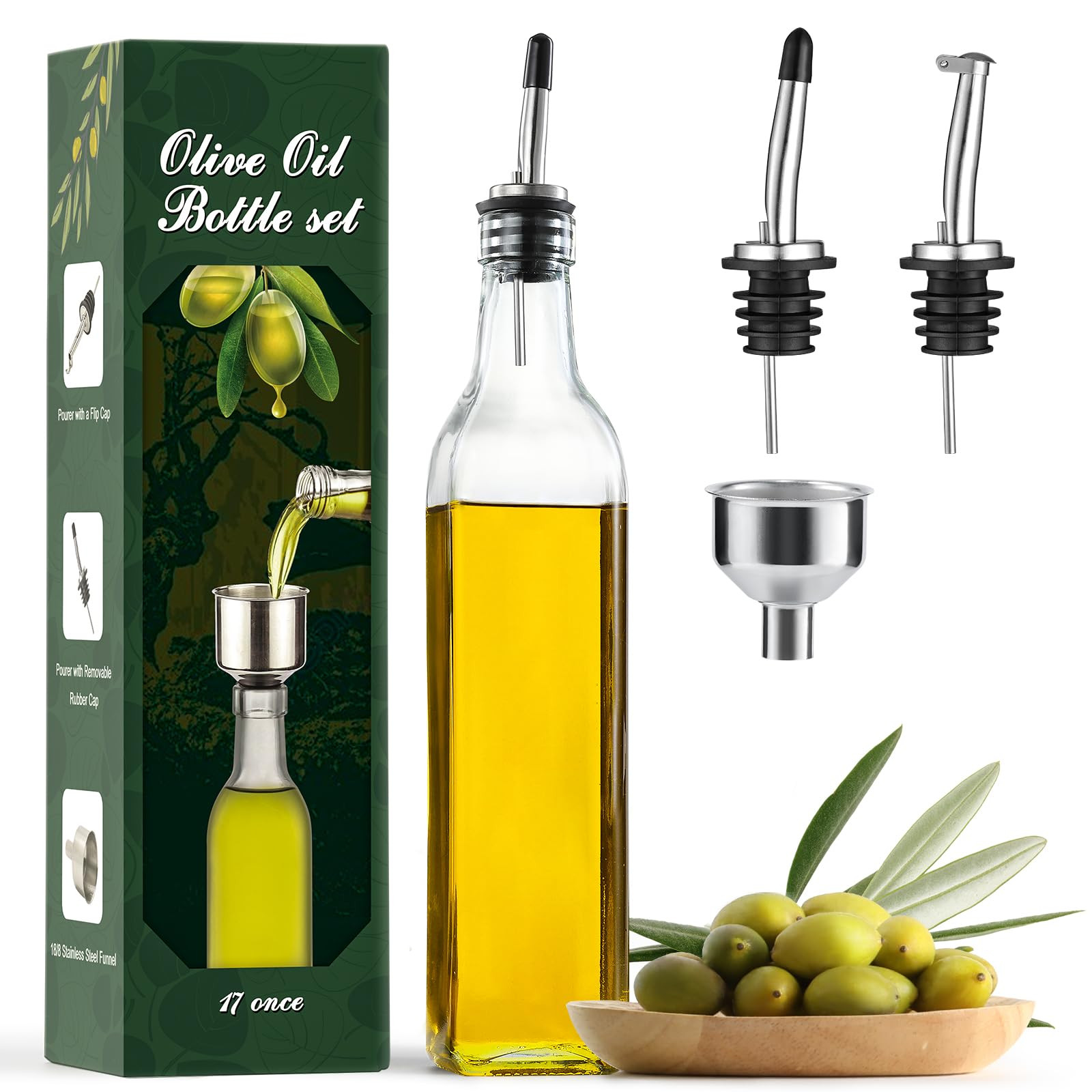 AOZITA 17oz Clear Glass Olive Oil Dispenser Bottle - 500ml Oil & Vinegar Cruet with Pourers and F... | Amazon (US)