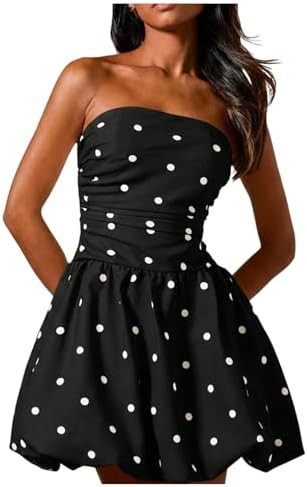 Floerns Women's Polka Dots Strapless Tube Dress Going Out Ruched Bubble Ruffle Mini Dresses | Amazon (US)