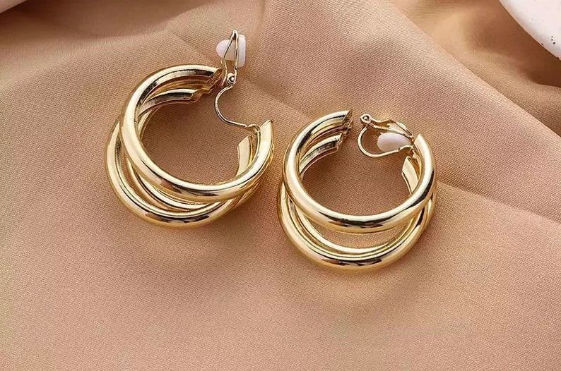 Triple Hoop Clip On Earrings, Gold Clip On Earrings, Stylish Clip On Earrings,  Non Pierced Earrr... | Etsy (US)