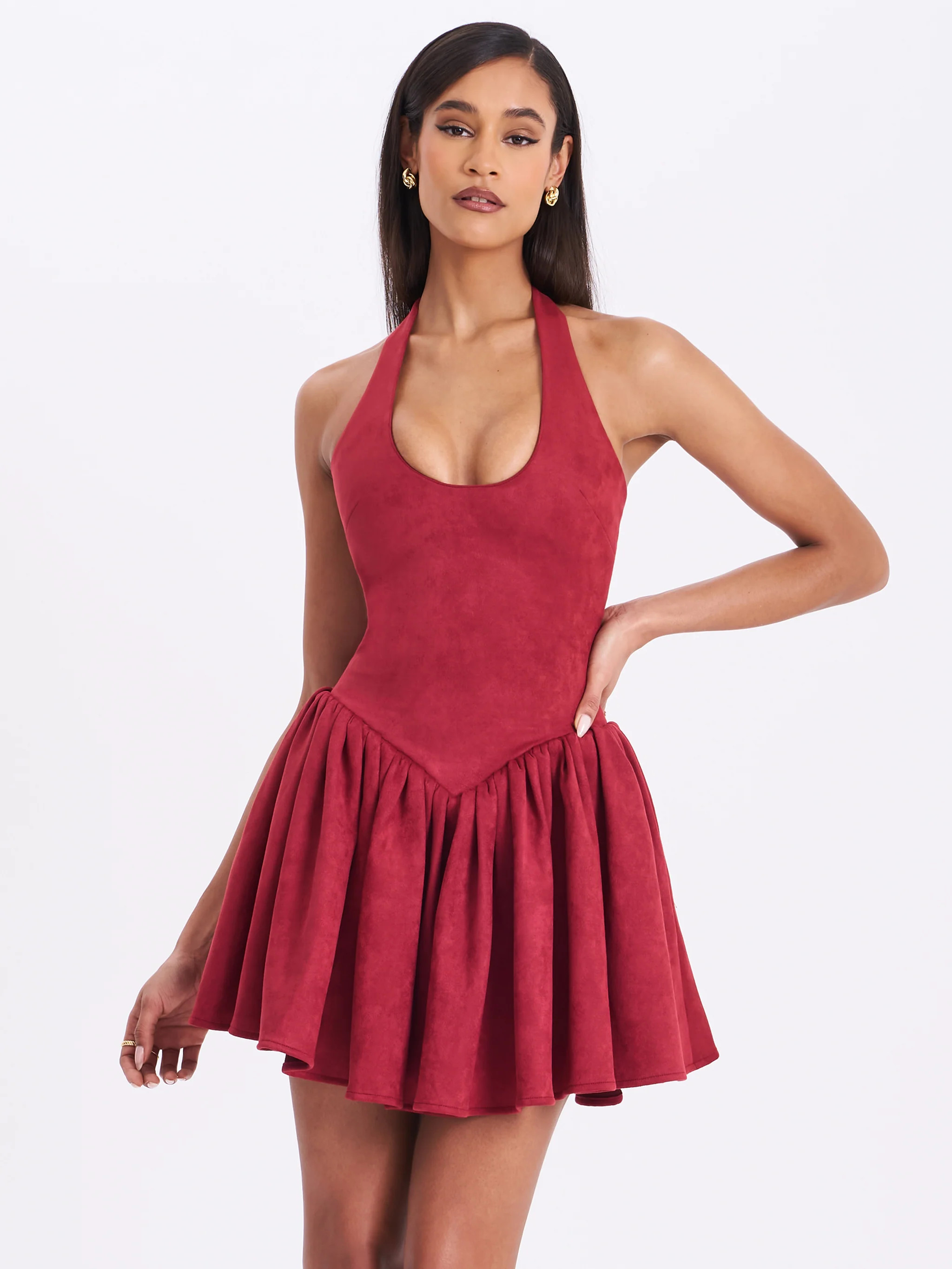 Hadara Burgundy Suede Halter Mini Full Dress | Miss Circle