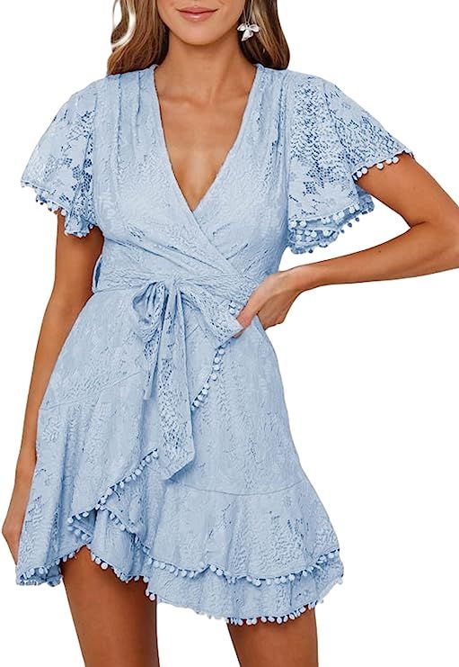 Itsmode Swiss Dot V Neck Mini Dresses for Women Summer Casual Loose Ruffle Short Dresses | Amazon (US)