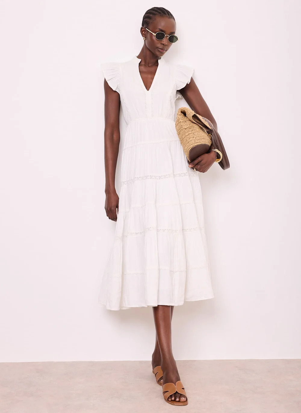 White Cotton Cheesecloth Tiered Midi Dress | Mint Velvet